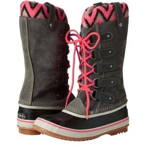 Sorel Joan Of Arctic Knit II Neon Pink Aztec Chevron Waterproof Gray‎ Snow Boots